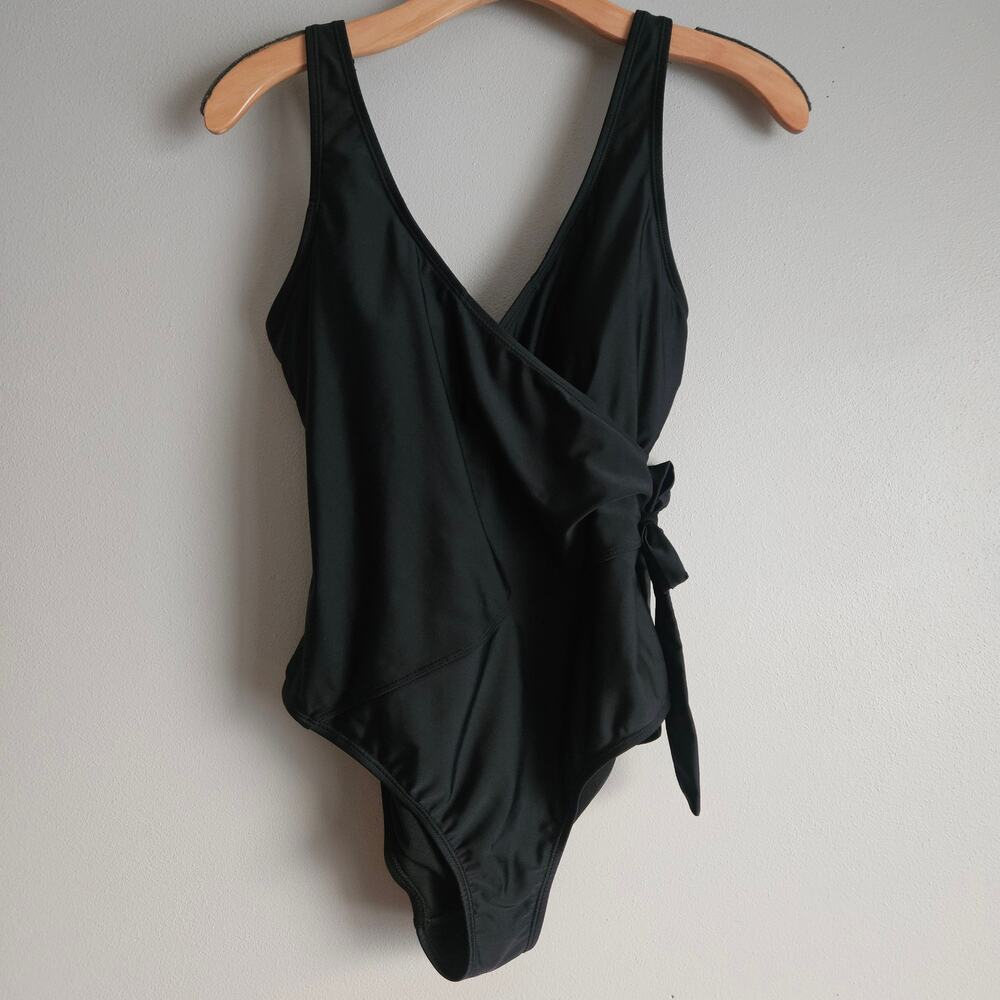 Jones New York One Piece Swimsuit Women M Black Wrap Tie Modest Sleek V-Neck